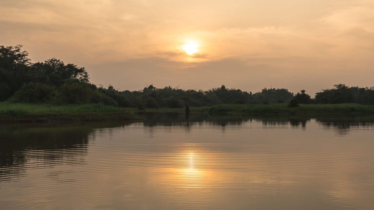 Lake with glowing sunset